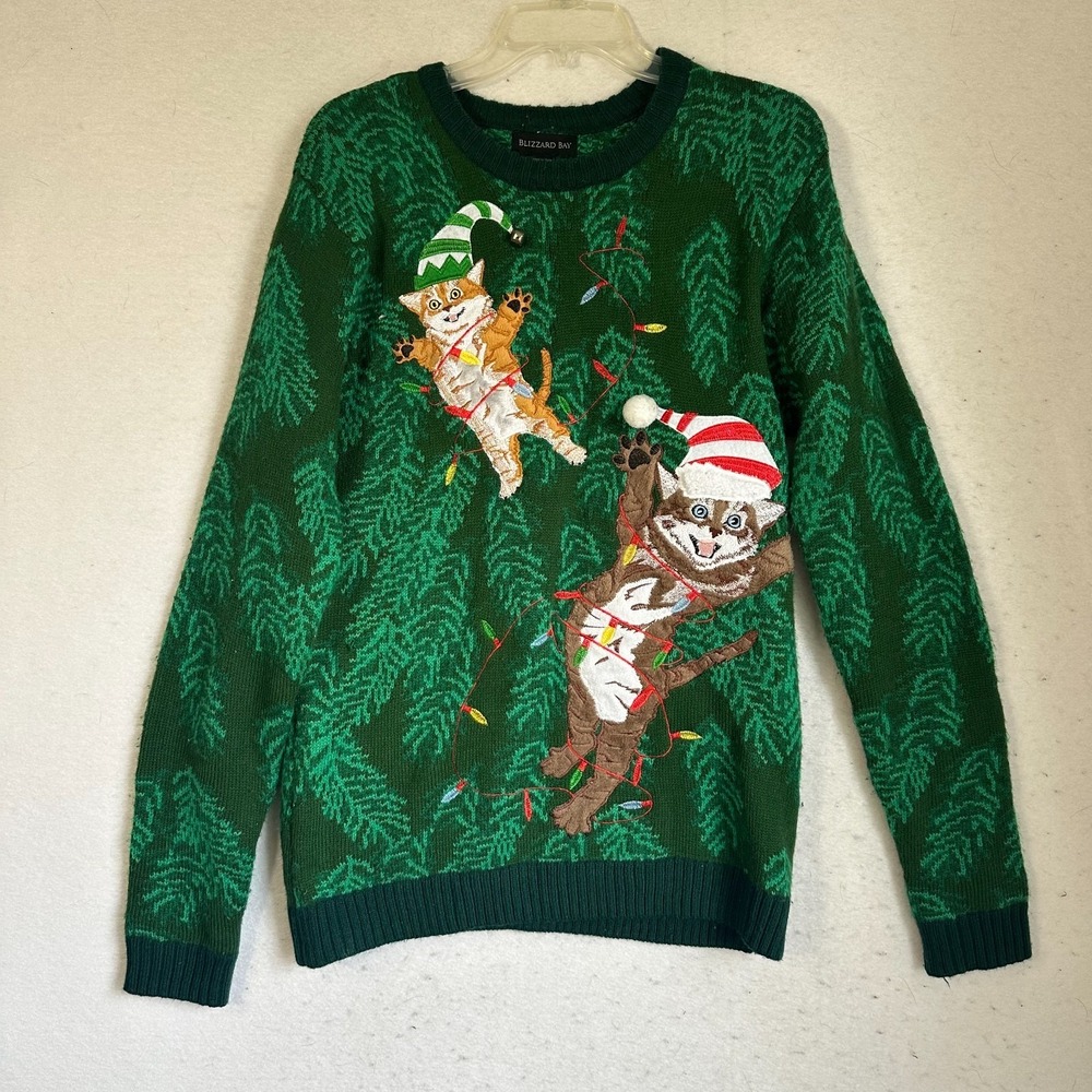Blizzard Bay Men's Knit Sweater M‎ Green Crew Neck Christmas Crazy Cats Funky
